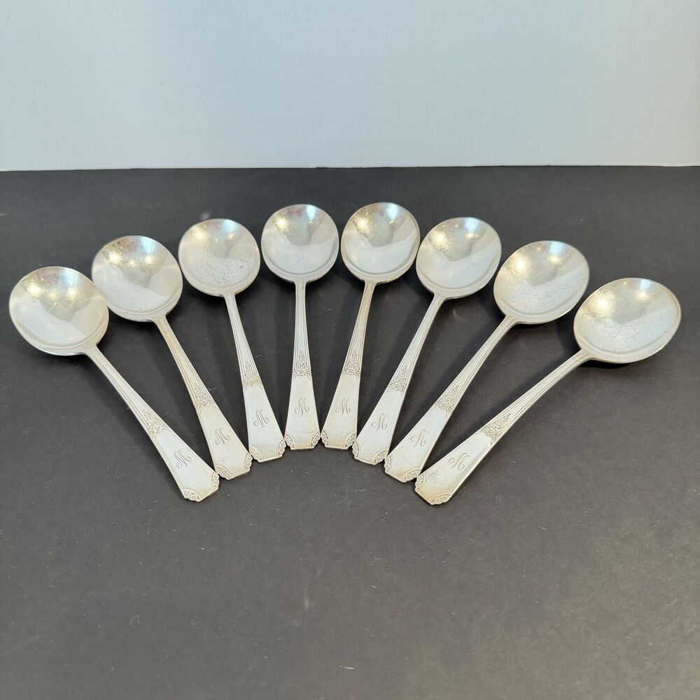 8 Wm A Rogers Sectional Oneida RIO Gumbo Round Soup Spoons Silverplate “M” Mono